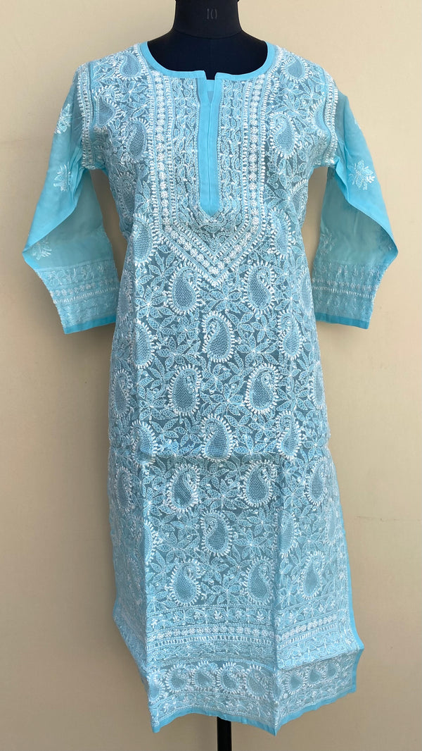 Lucknowi Chikankari Kurti Blue Cotton With Jaali Work