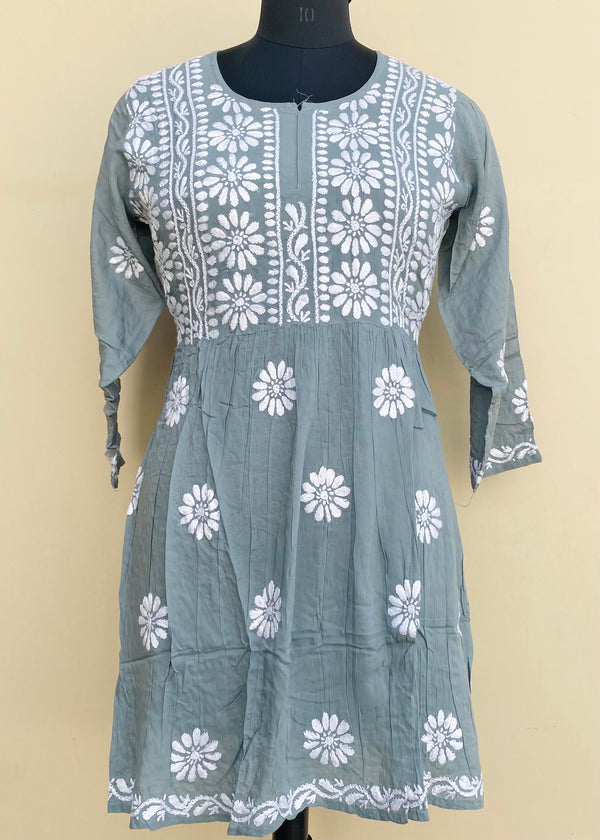 Lucknowi Chikankari Short Kurti Gray Modal Cotton