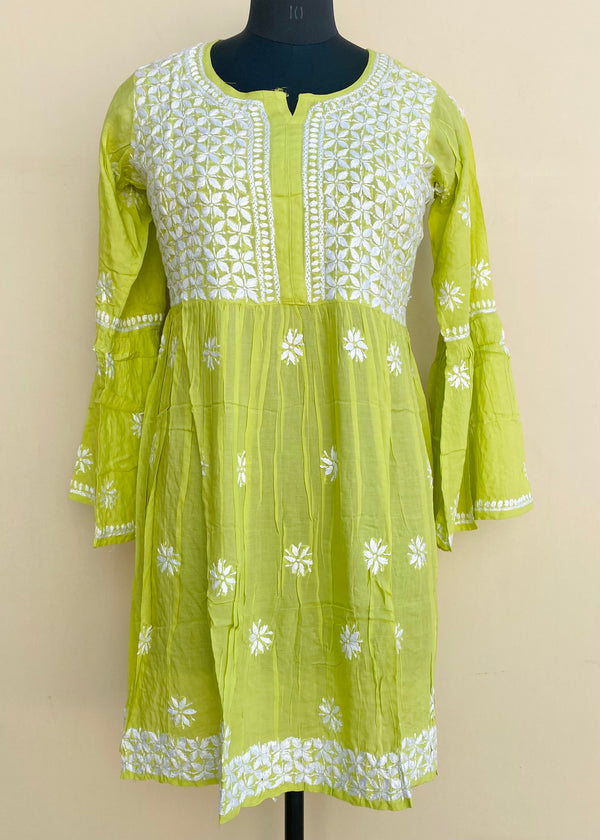 Lucknowi Chikankari Short Kurti Green Modal Cotton