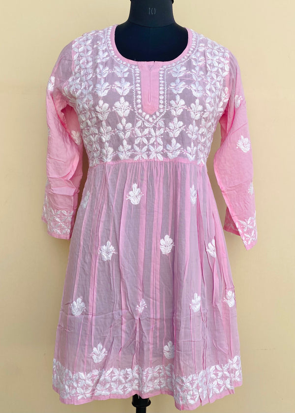 Lucknowi Chikankari Short Kurti Pink Modal Cotton