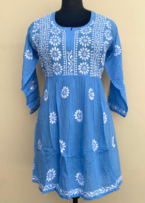 Lucknowi Chikankari Short Kurti Blue Modal Cotton