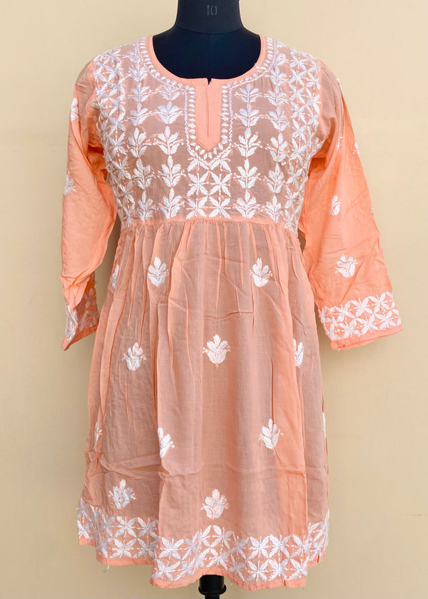 Lucknowi Chikankari Short Kurti Peach Modal Cotton