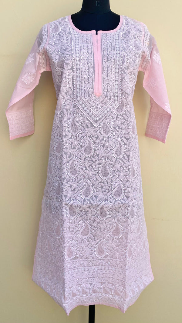 Lucknowi Chikankari Kurti Pink Cotton With Jaali Work