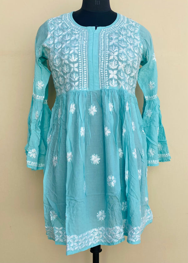 Lucknowi Chikankari Short Kurti Sea Green Modal Cotton