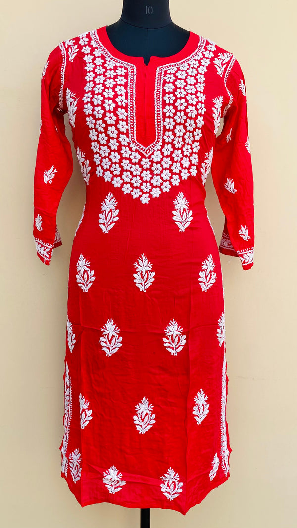 Lucknowi Chikankari Kurti Red Modal Cotton