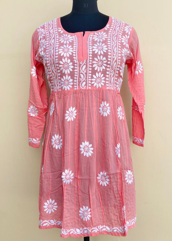 Lucknowi Chikankari Short Kurti Pink Modal Cotton