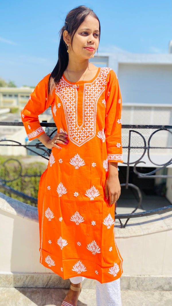 Lucknowi Chikankari Kurti Orange Cotton