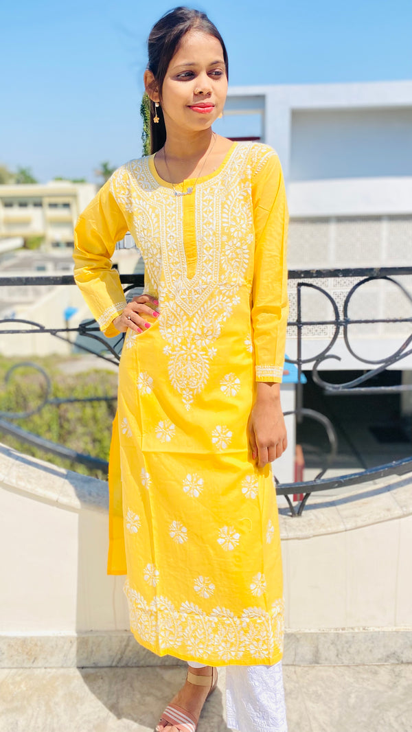 Lucknowi Chikankari Kurti Yellow Mulmul Cotton