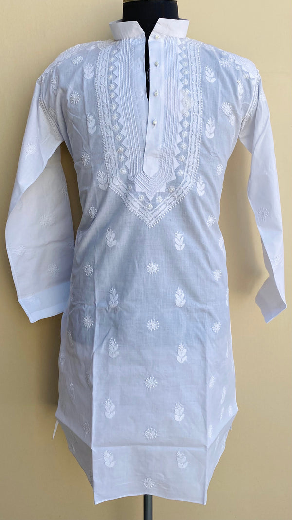 Lucknowi Chikankari Men’s Kurta White Cotton With Applique Work