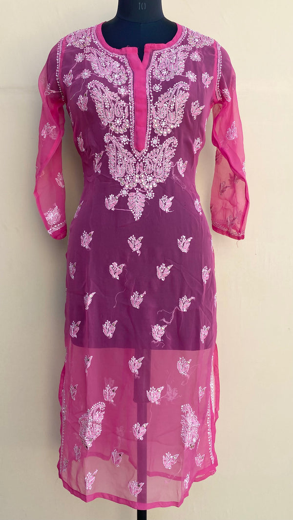 Lucknowi Chikankari Kurti Pink Faux Georgette With Mukaish Work