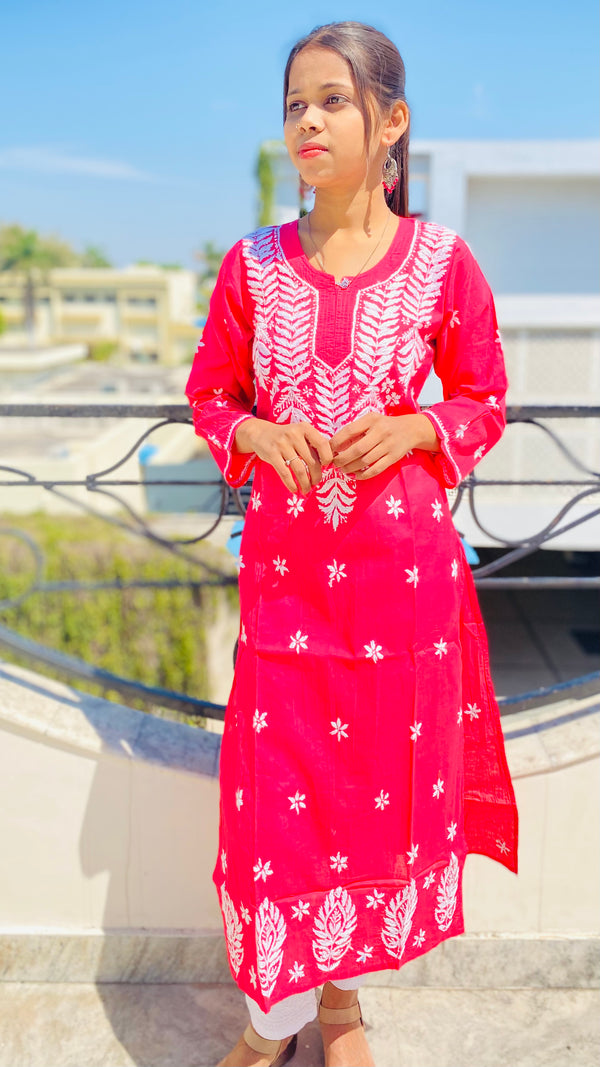 Lucknowi Chikankari Kurti Pink Cotton