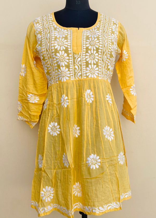 Lucknowi Chikankari Short Kurti Yellow Modal Cotton