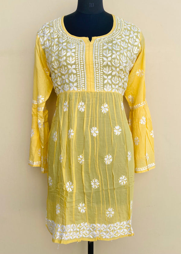 Lucknowi Chikankari Short Kurti Yellow Modal Cotton