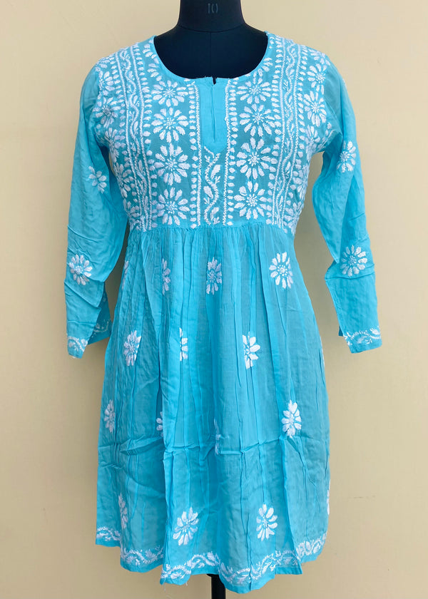 Lucknowi Chikankari Short Kurti Blue Modal Cotton