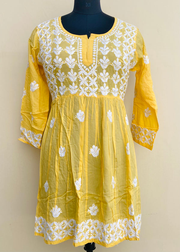 Lucknowi Chikankari Short Kurti Yellow Modal Cotton