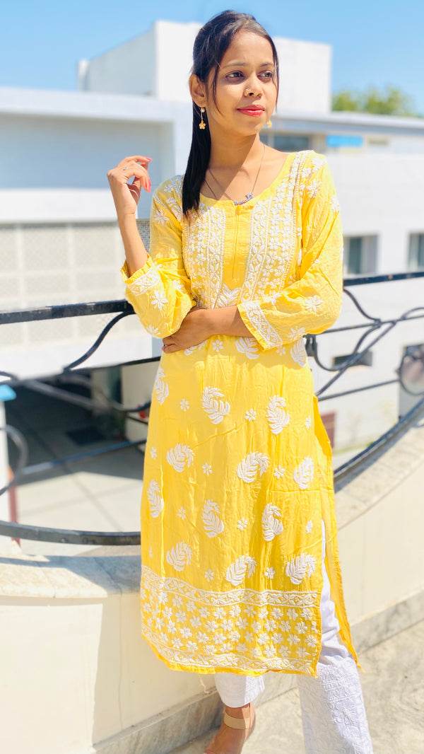 Lucknowi Chikankari Kurti Yellow Modal Cotton