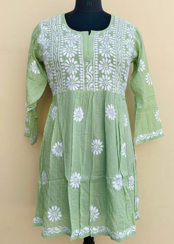 Lucknowi Chikankari Short Kurti Pista Green Modal Cotton