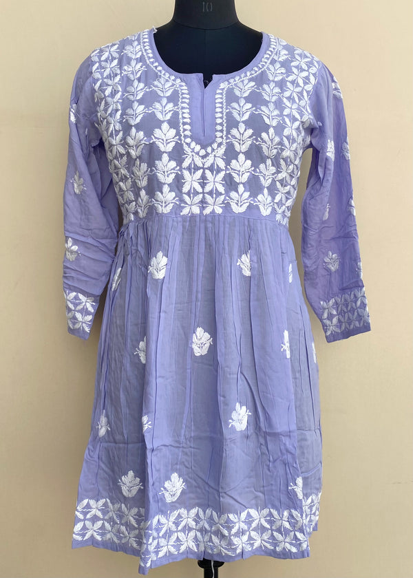 Lucknowi Chikankari Short Kurti Purple Modal Cotton