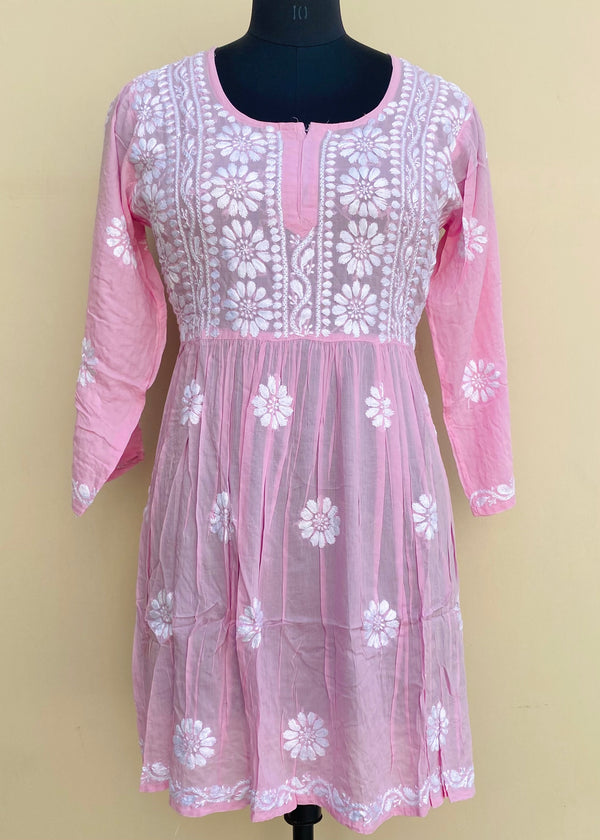 Lucknowi Chikankari Short Kurti Pink Modal Cotton