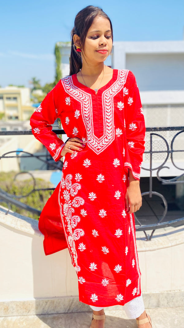 Lucknowi Chikankari Kurti Red Cotton