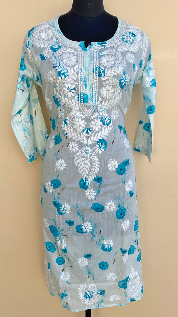 Lucknowi Chikankari Printed Kurti Blue Mulmul Cotton