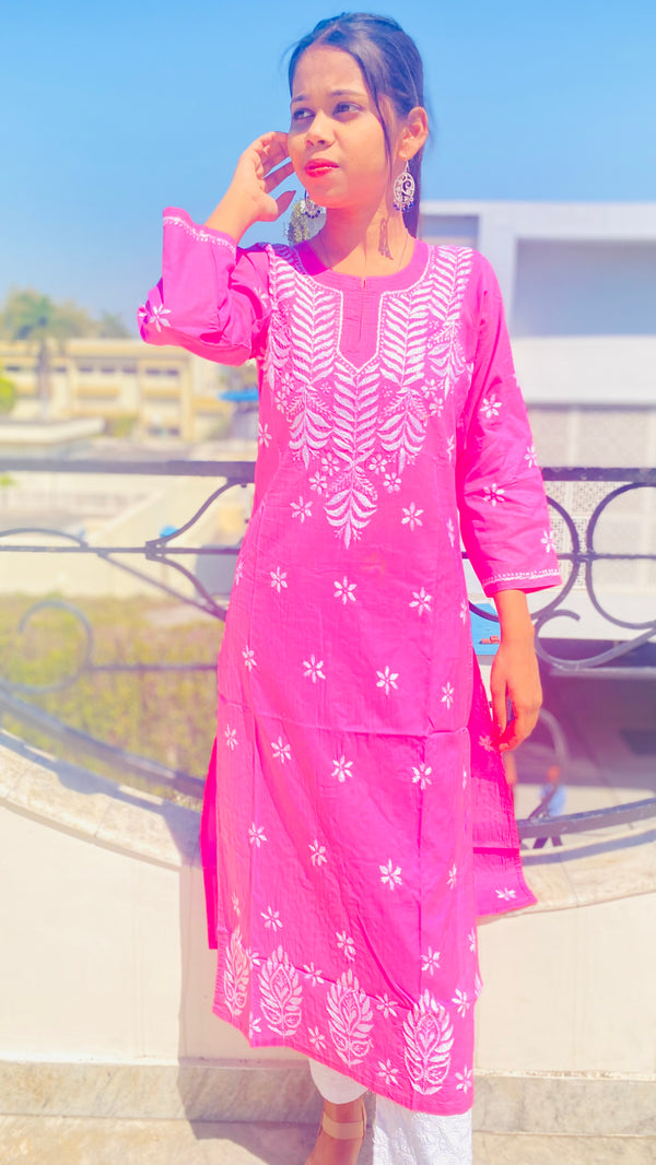 Lucknowi Chikankari Kurti Pink Mulmul Cotton