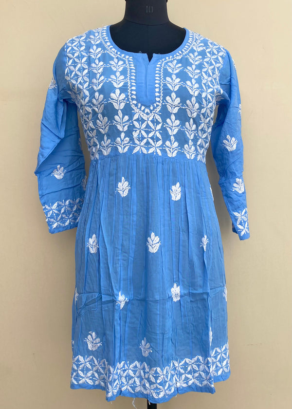 Lucknowi Chikankari Short Kurti Blue Modal Cotton