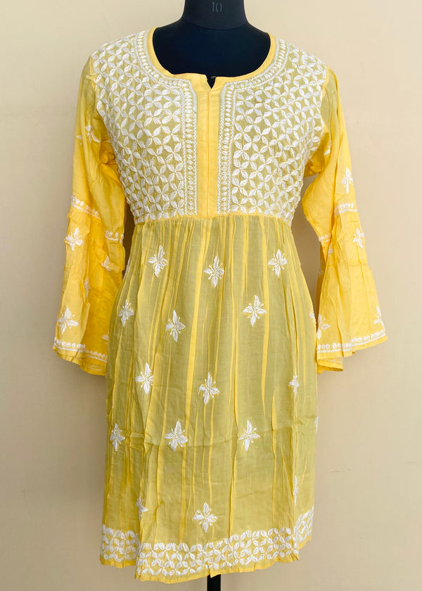 Lucknowi Chikankari Short Kurti Yellow Modal Cotton