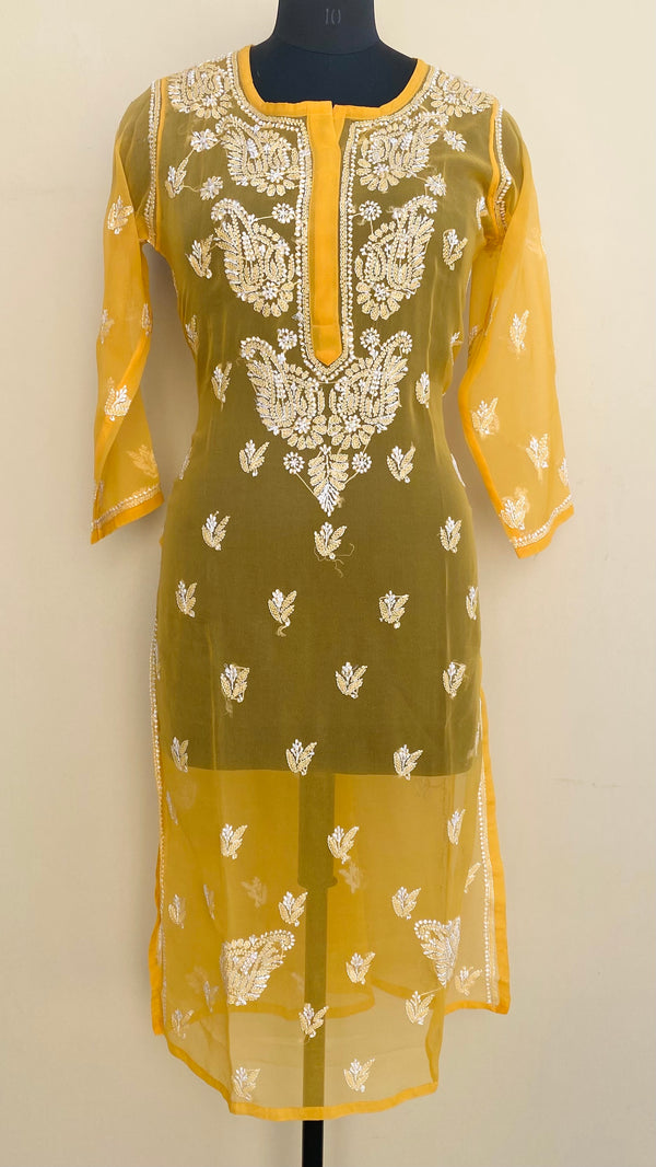 Lucknowi Chikankari Kurti Mustard Faux Georgette