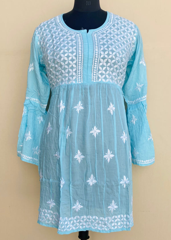 Lucknowi Chikankari Short Kurti Blue Modal Cotton