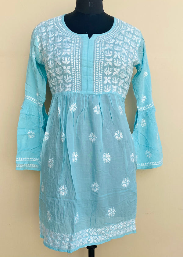 Lucknowi Chikankari Short Kurti Blue Modal Cotton