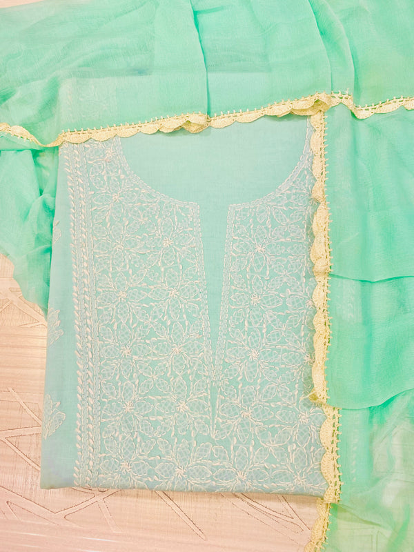 Lucknowi Chikankari Suit Length 3 Piece Sea Green Cotton