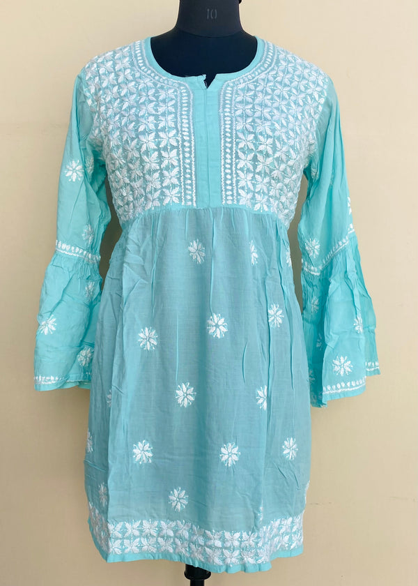 Lucknowi Chikankari Short Kurti Sea Green Modal Cotton