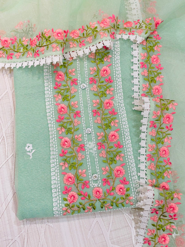 Chikankari Suit Length 3 Piece Green Kota with Parsi work
