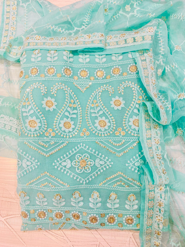 Chikankari Suit Length 3 Piece Sea Green Georgett