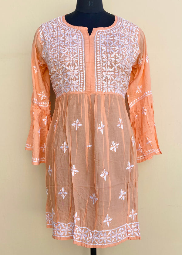 Lucknowi Chikankari Short Kurti Peach Modal Cotton