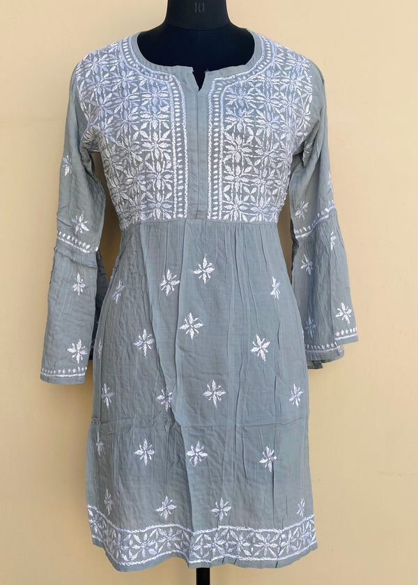 Lucknowi Chikankari Short Kurti Gray Modal Cotton