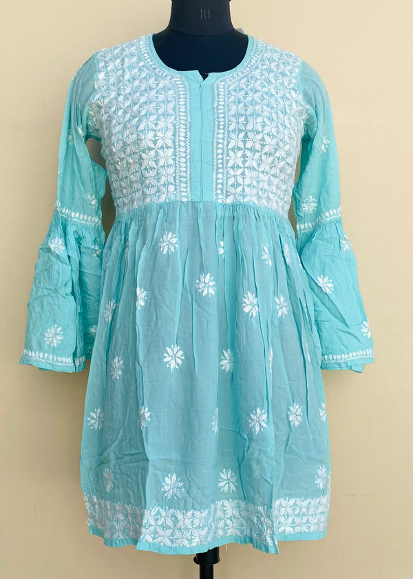 Lucknowi Chikankari Short Kurti Sea Green Modal Cotton