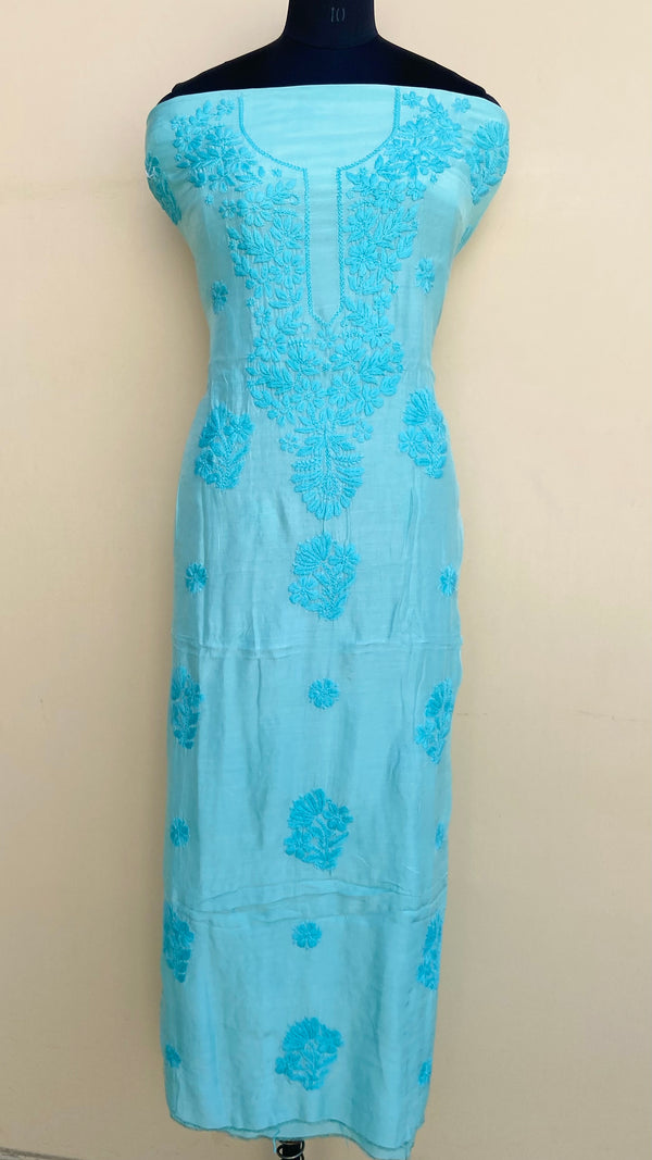 Lucknowi Chikankari Kurta Length Blue Muslin