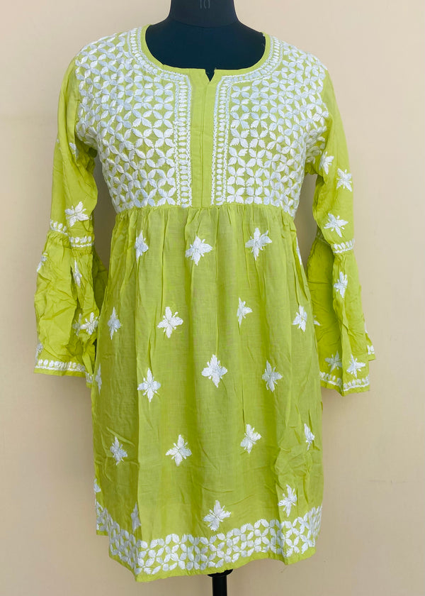 Lucknowi Chikankari Short Kurti Green Modal Cotton