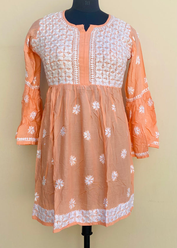 Lucknowi Chikankari Short Kurti Peach Modal Cotton