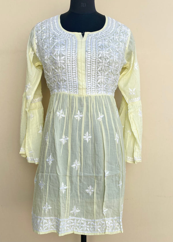 Lucknowi Chikankari Short Kurti Lemon Yellow Modal Cotton