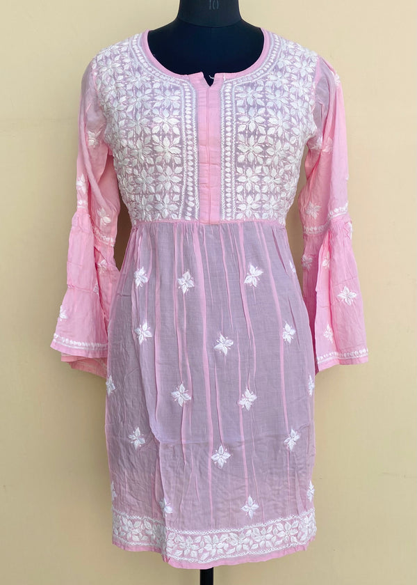 Lucknowi Chikankari Short Kurti Pink Modal Cotton