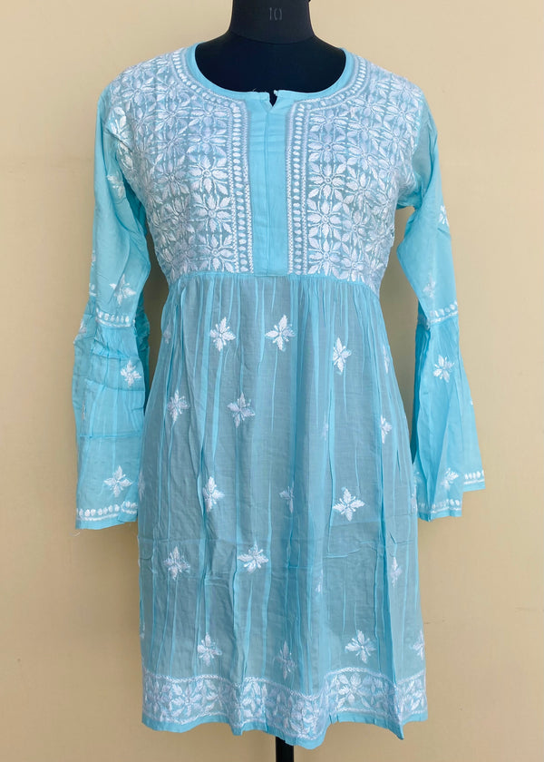 Lucknowi Chikankari Short Kurti Blue Modal Cotton