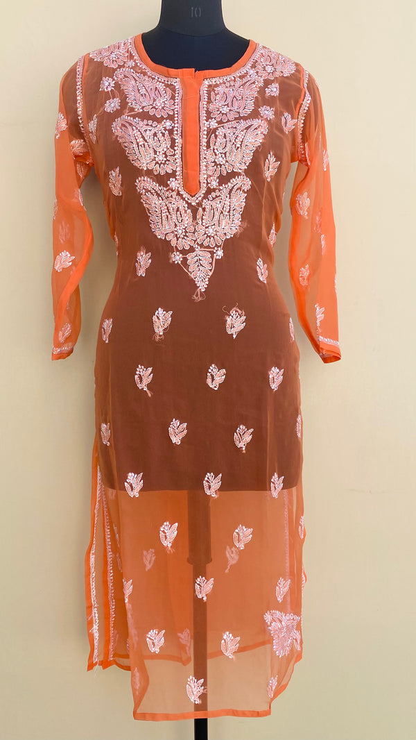 Lucknowi Chikankari Kurti Orange Faux Georgette