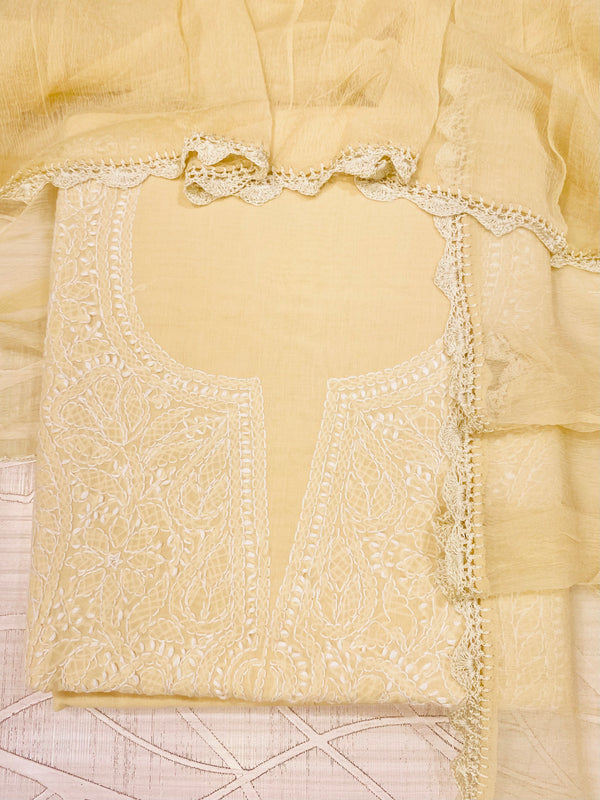 Lucknowi Chikankari Suit Length 3 Piece Beige Cotton