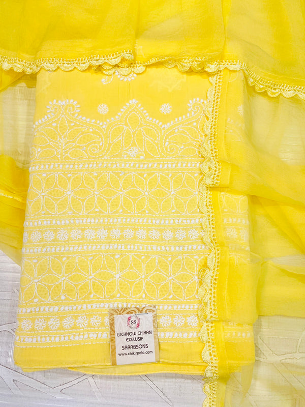 Lucknowi Chikankari Suit Length 3 Piece Yellow Cotton