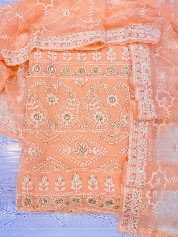 Chikankari Suit Length 3 Piece Peach Georgette