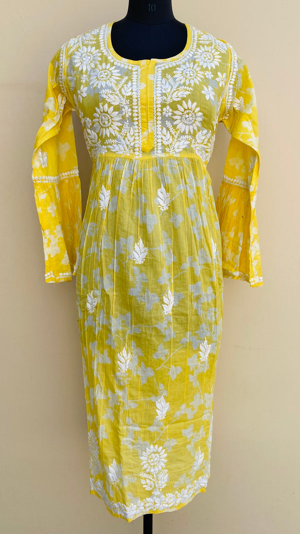 Lucknowi Chikankari Printed Kurti Yellow Mulmul Cotton