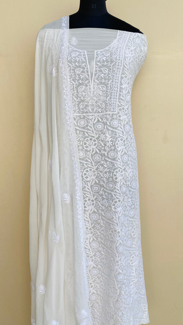 Lucknowi Chikankari Suit Length 2 Piece Off White Pure Georgette